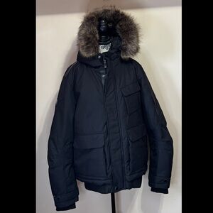 Point Zero Men's Large Black Jacket Faux Fur Hood -35Degrees Vegan Approved